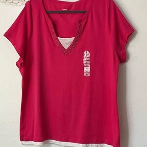 Style & Co. Hot Pink V-Neck Short Sleeve Layered Hem Top